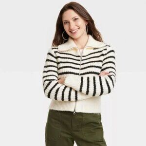 Full Zipper Striped Sweater